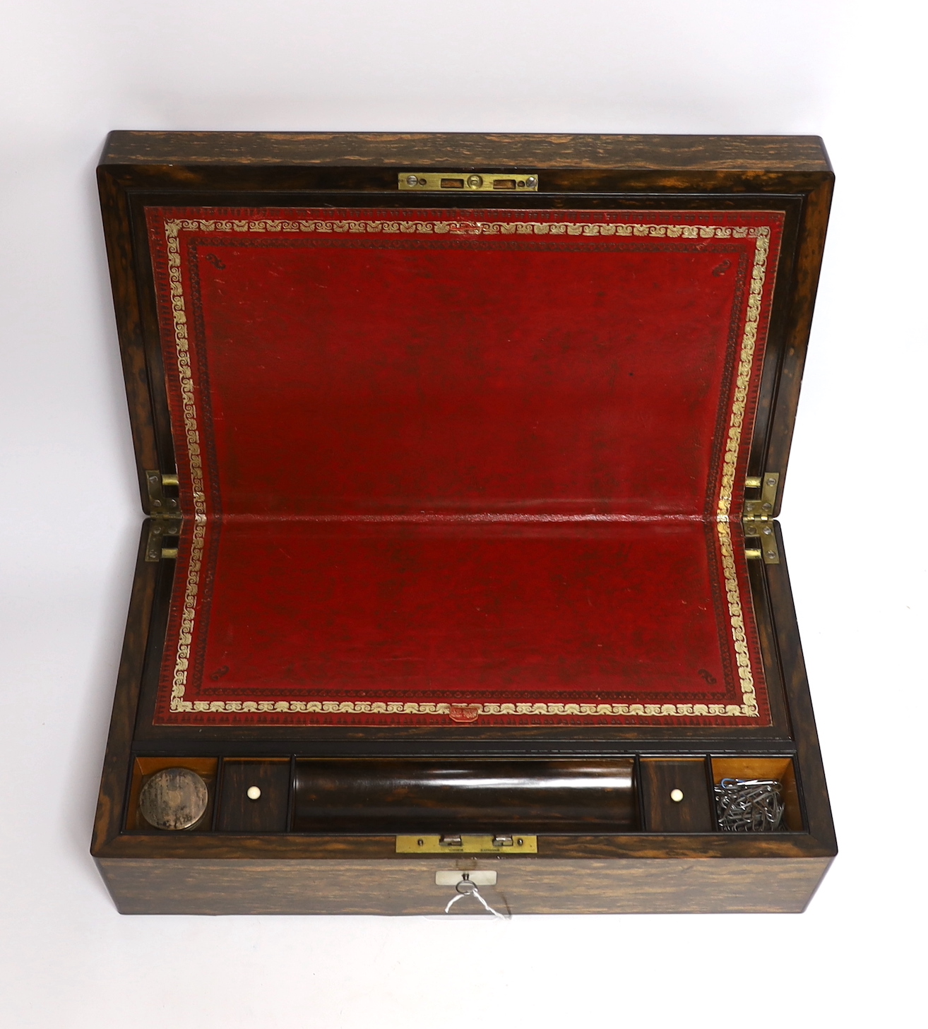 A Victorian calamander writing slope, 40.5cm wide, 24cm deep, 13cm high, together with a French rosewood box, 31cm wide, 24cm deep, 7cm high Submission reference 7FFVMS95